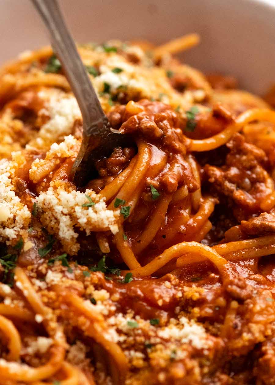 Close up of fork twirling One Pot Pasta Bolognese