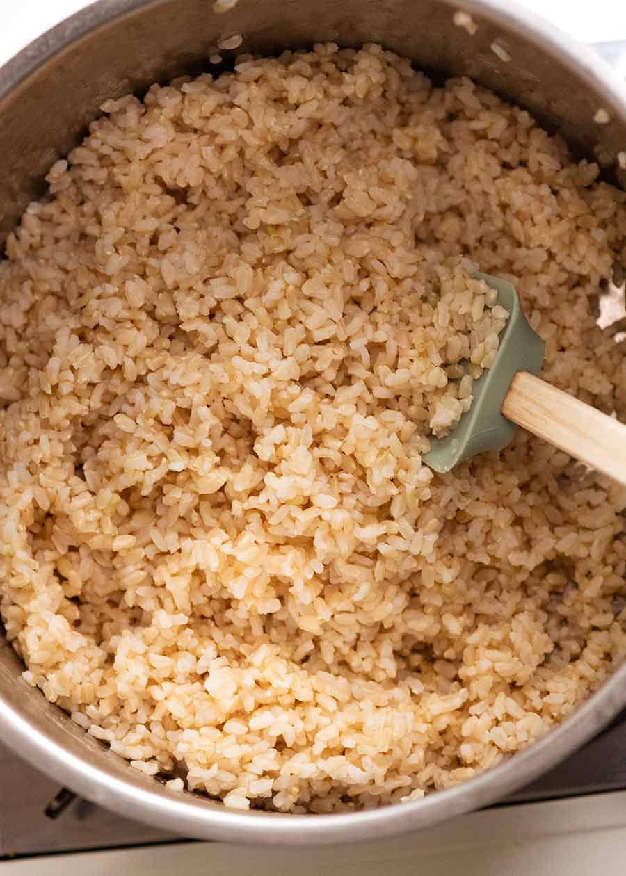 Pot of freshly cooked brown rice