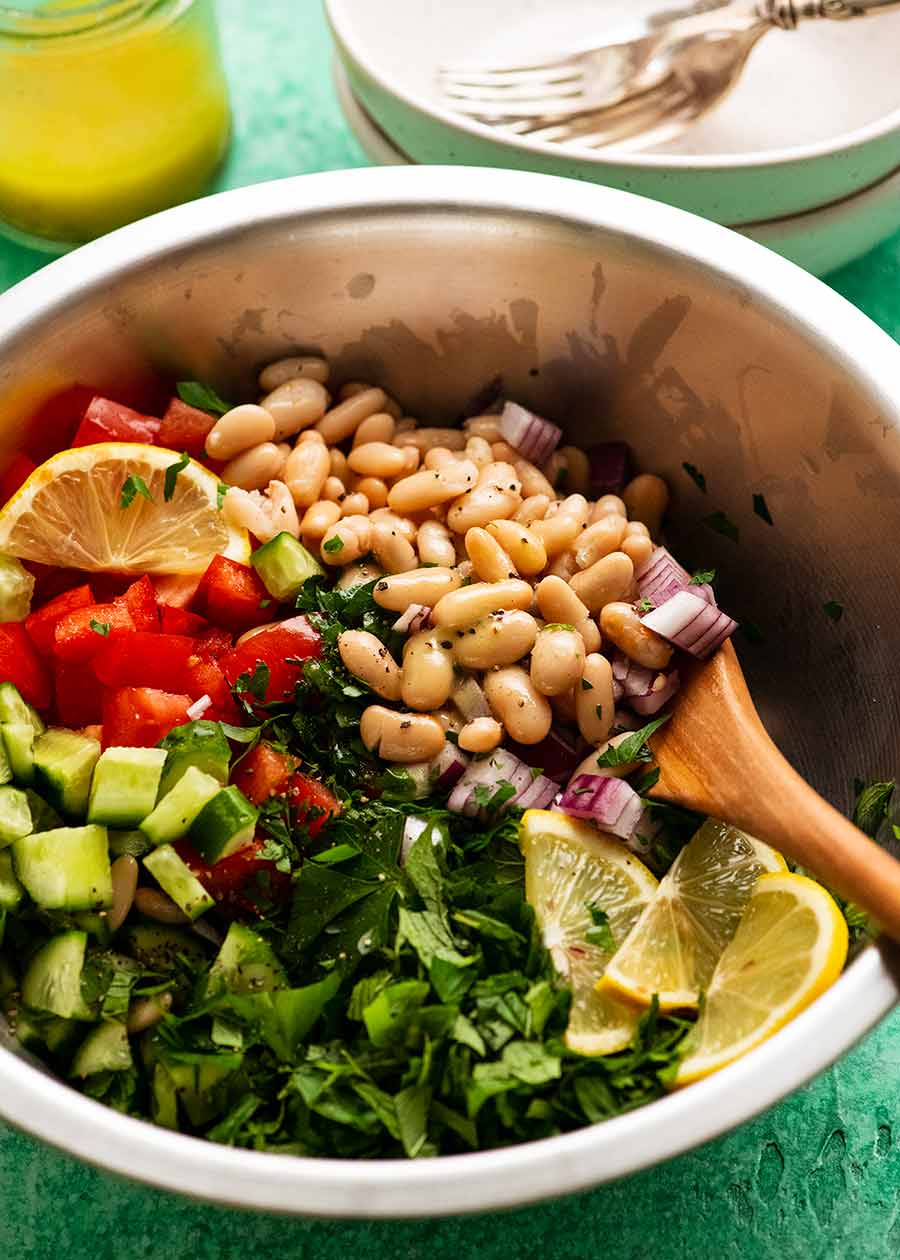 White Bean Tabbouleh Salad in a big silver bowl
