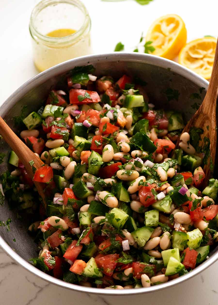 White Bean Tabbouleh Salad in a big bowl, ready to be served