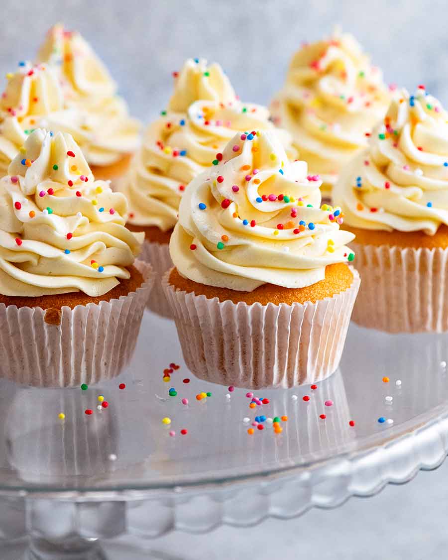 Birthday Vanilla cupcakes with sprinkles, ready to be served
