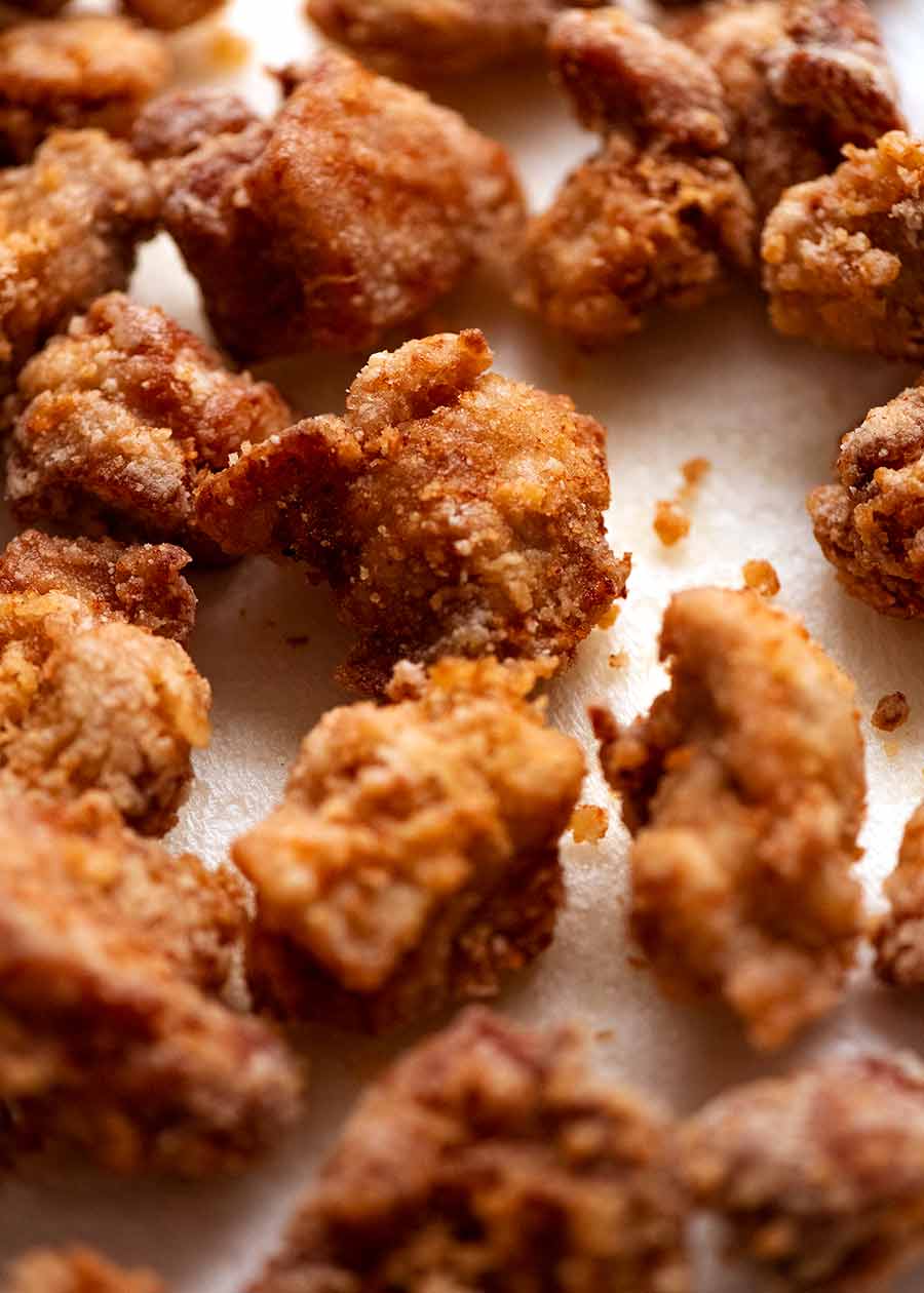 Close up of crispy pieces of Chinese fried chicken for General Tso's Chicken