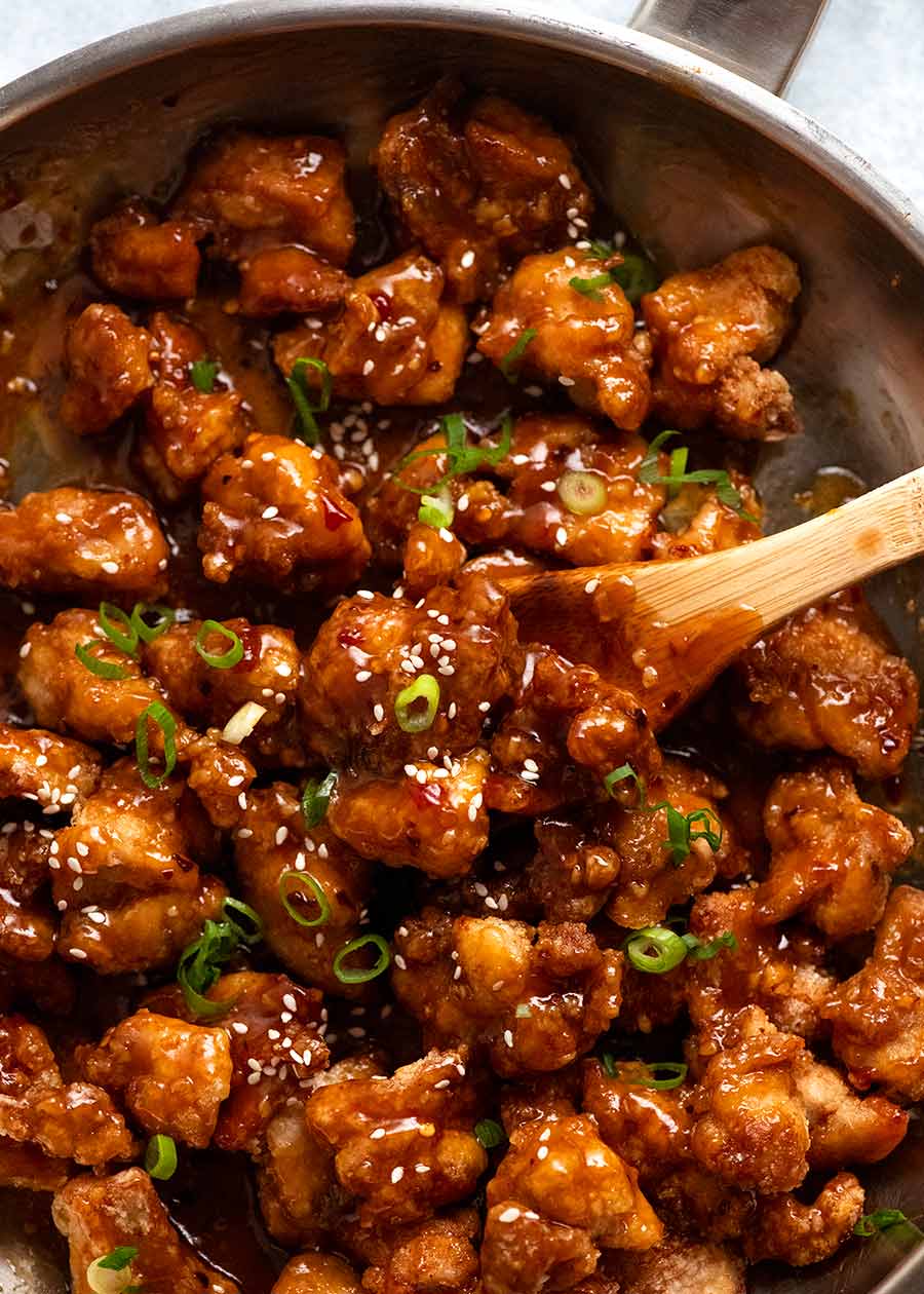 Overhead photo of General Tso's Chicken in a skillet, fresh off the stove