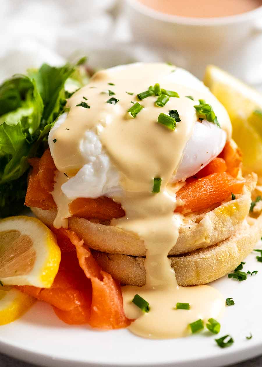 Smoked salmon Eggs Benedict on a plate, ready to be served