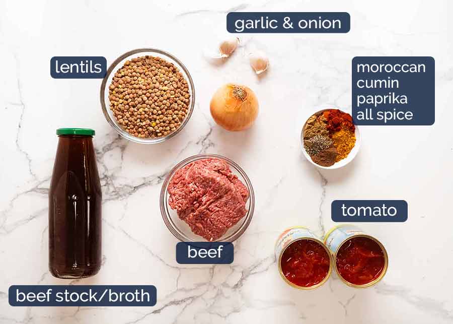Ingredients in Beef and Lentil Soup (ground beef / beef mince)