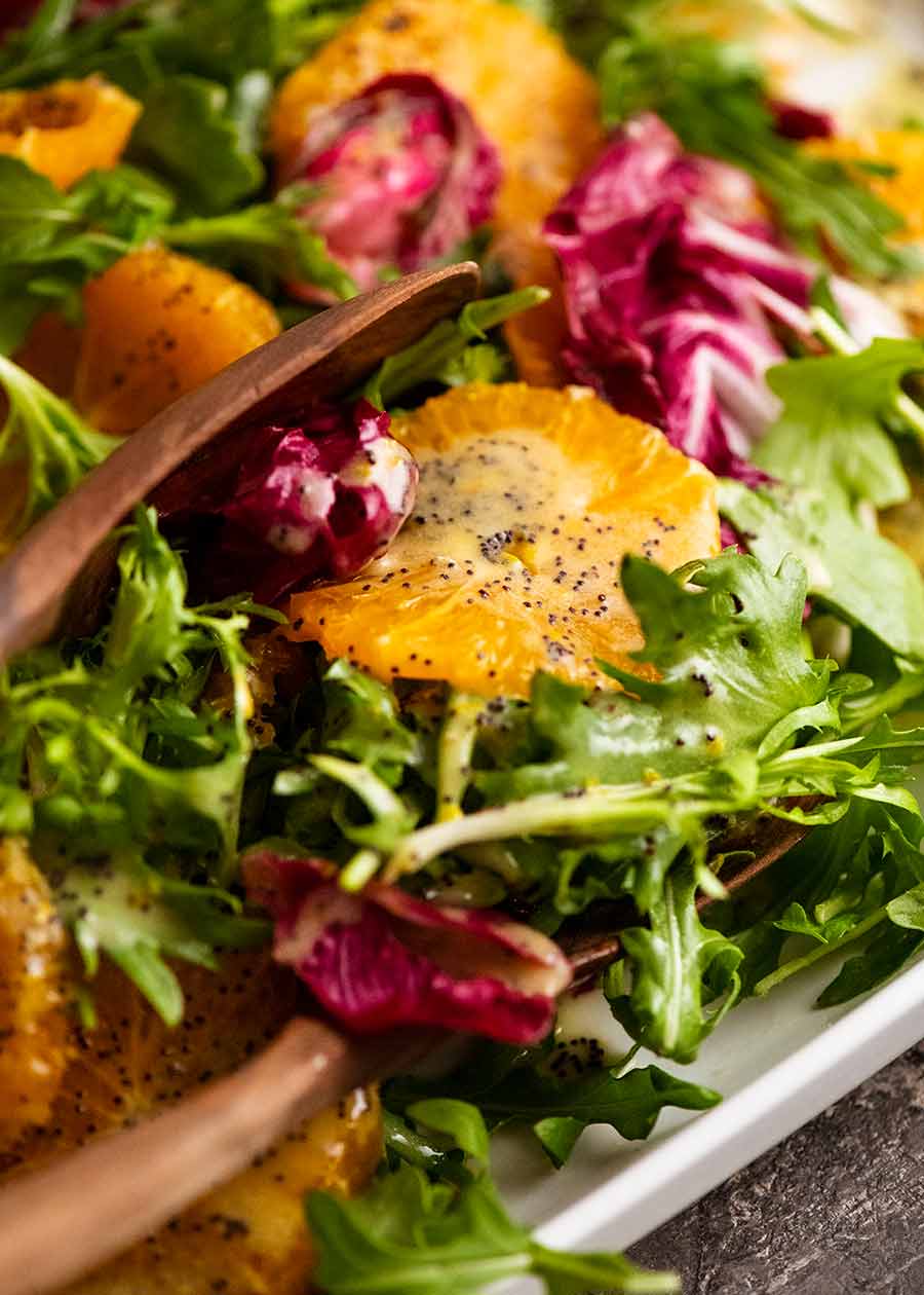 Close up of Bitter Leaf and Orange Salad with Orange Poppyseed Dressing
