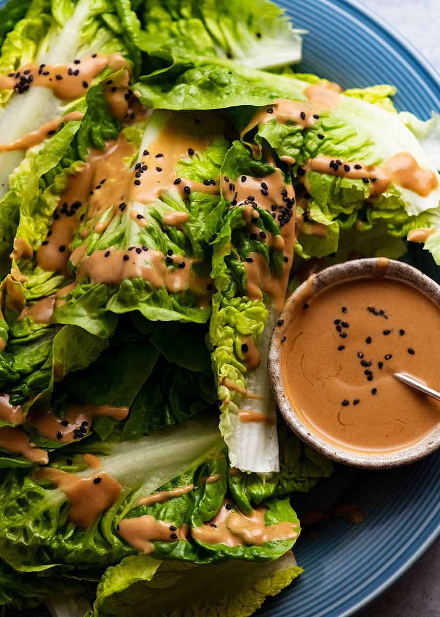 Close up of Spicy Joint Creamy Sesame Sauce Lettuce Salad