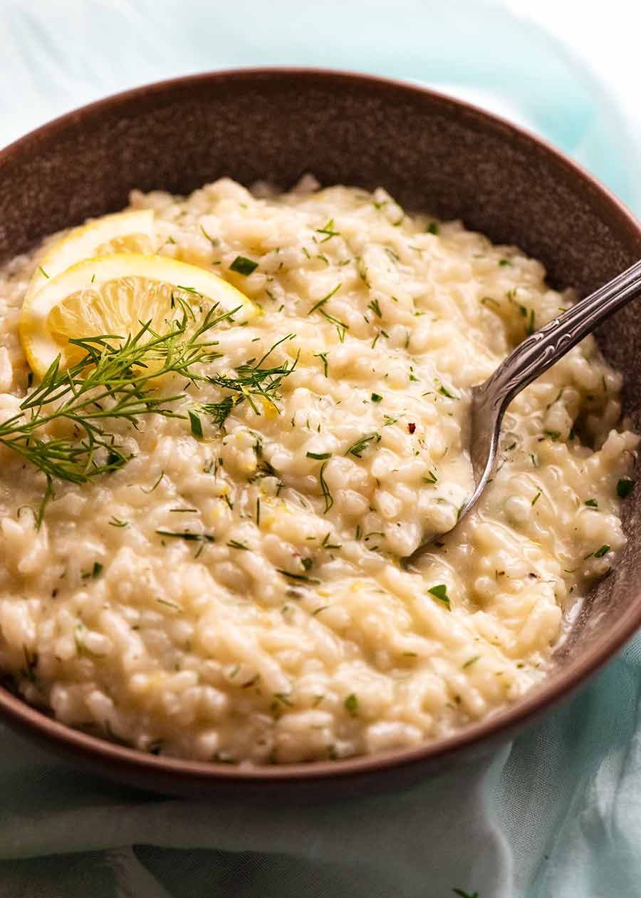 Close up of bowl of creamy Lemon Herb Baked Risotto