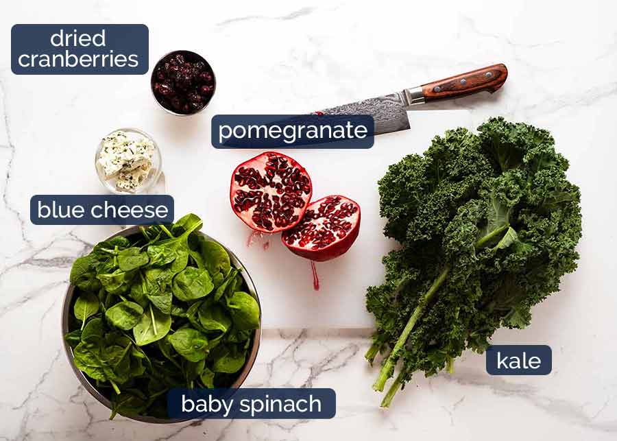 Ingredients pin Spinach Kale Pomegranate Salad