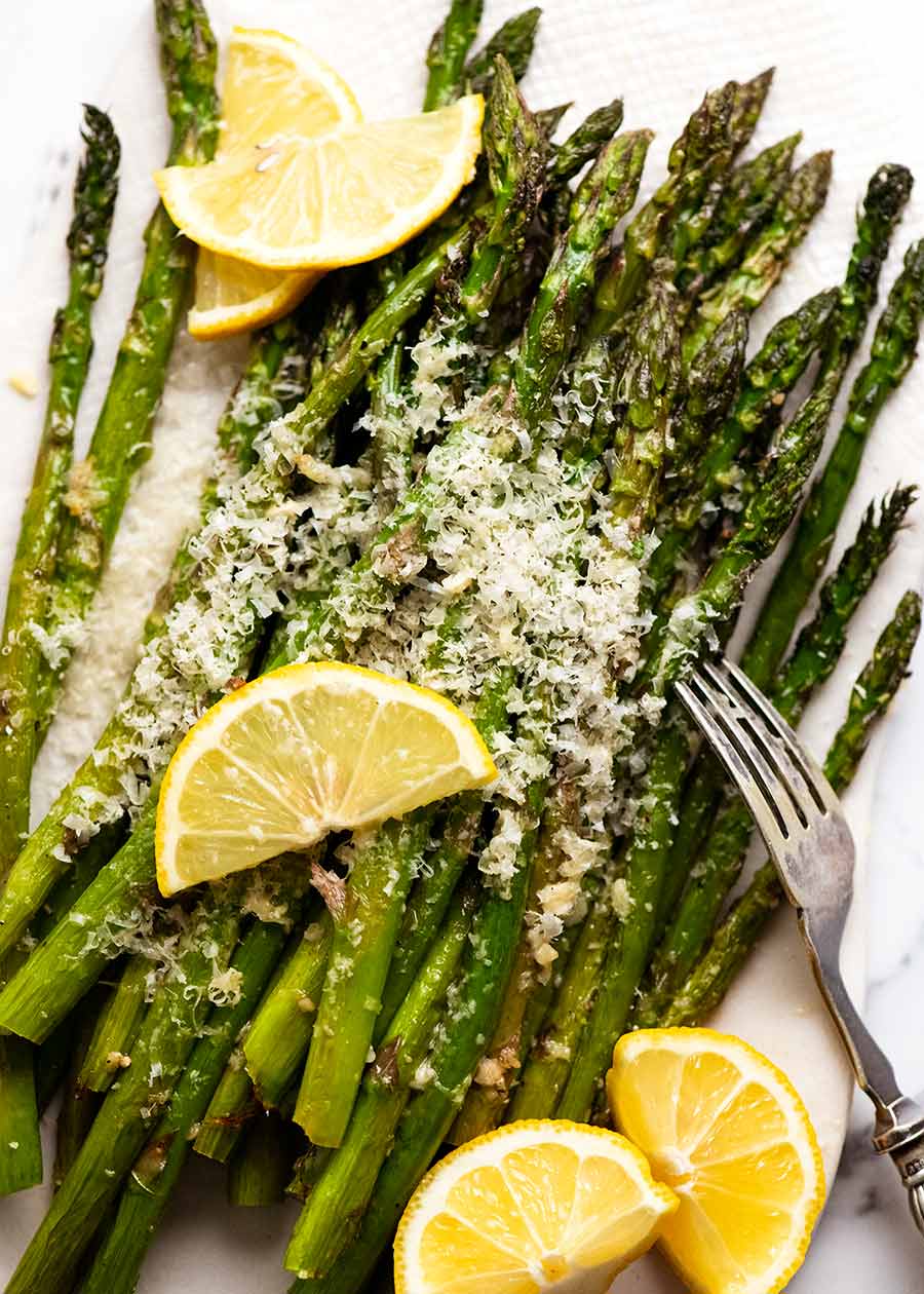 Plate of Roasted Asparagus with parmesan and lemon