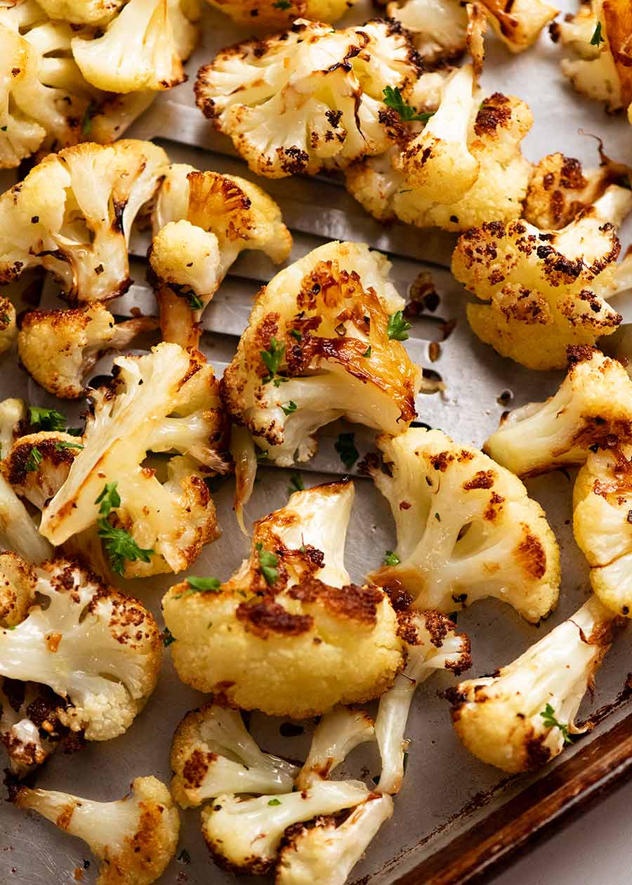 Roasted Cauliflower on a tray fresh out of the oven