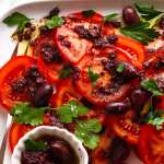 Close up overhead photo of Tomato Salad with Olive Tapenade