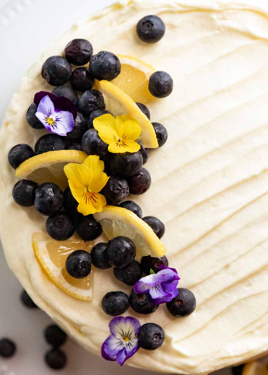 Decorations on Blueberry Cake with Lemon Cream Cheese Frosting