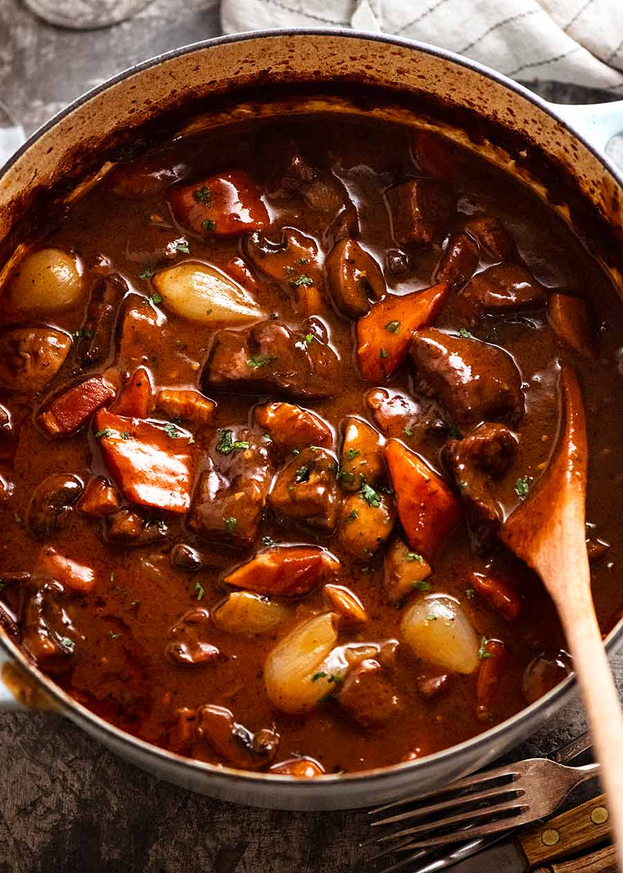 Beef Burgundy - Big pot of freshly cooked Beef Bourguignon, ready to be served