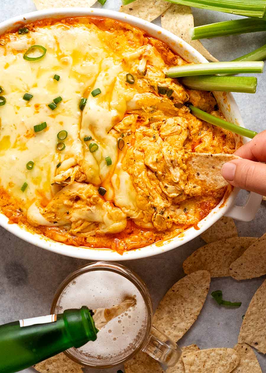 Overhead photo of people eating Hot Buffalo Chicken Dip