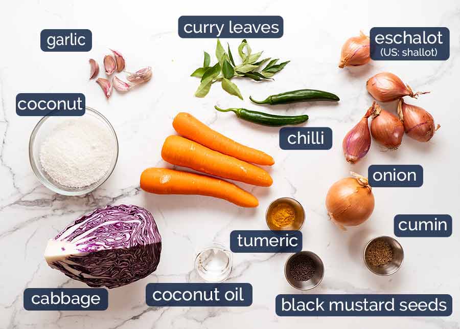 Cabbage Carrot Thoran-Style Indian Salad ingredients