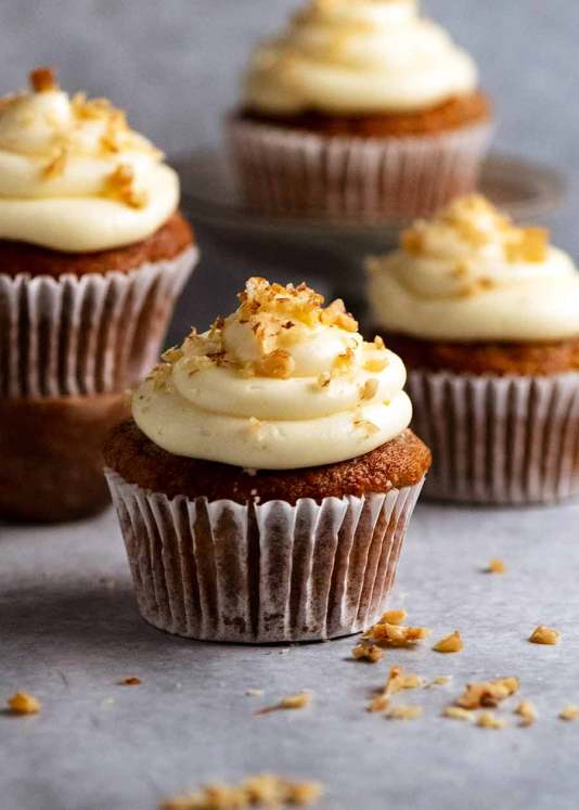 Close up of Carrot Cake Cupcakes with Cream Cheese Frosting