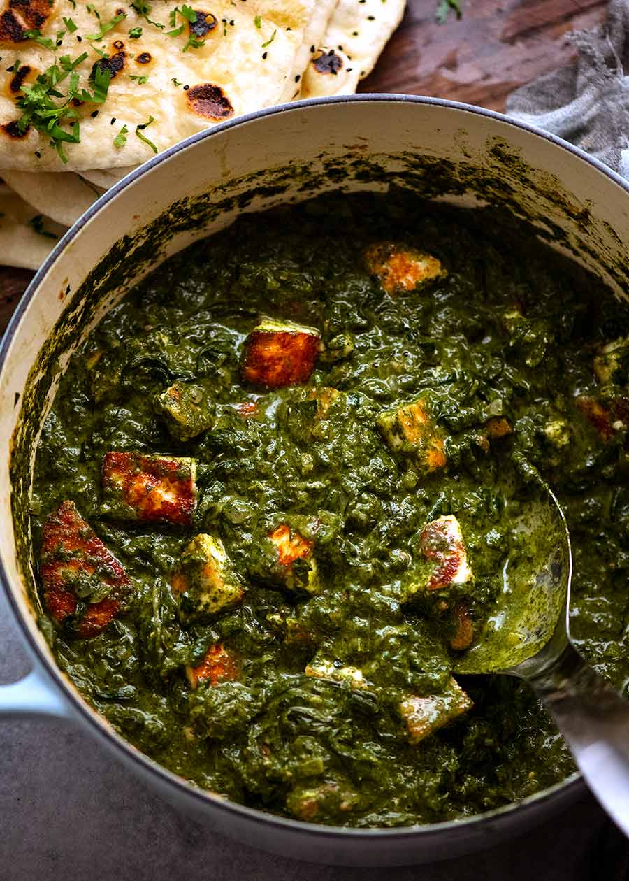 Pot of freshly made Palak Paneer, ready to be served