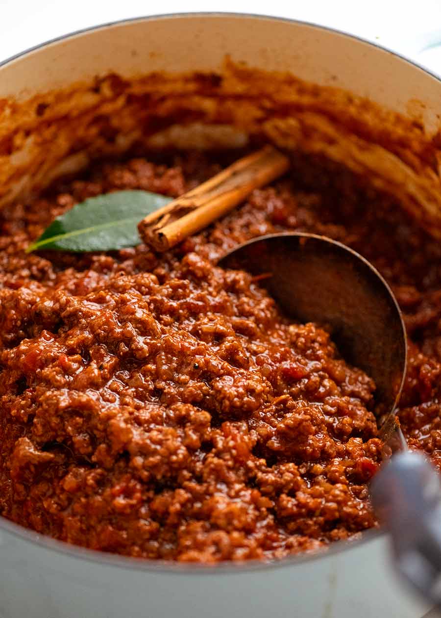 Pot of thick beef meat sauce for Pastitsio - Greek beef pasta bake