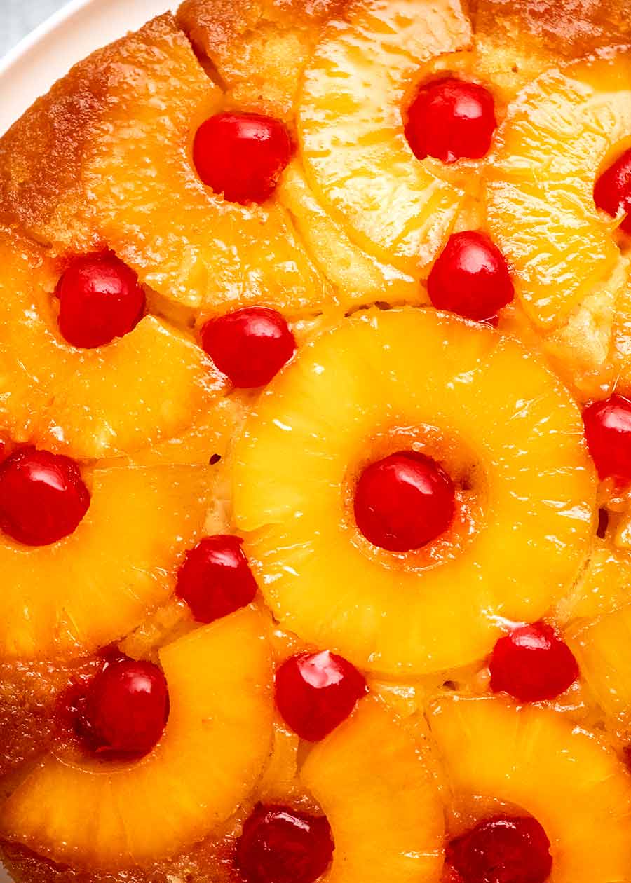 Close up photo of top of Pineapple Upside Down Cake