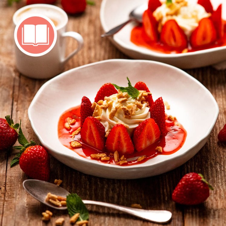Strawberries and cream from RecipeTin Eats "Dinner" cookbook by Nagi Maehashi
