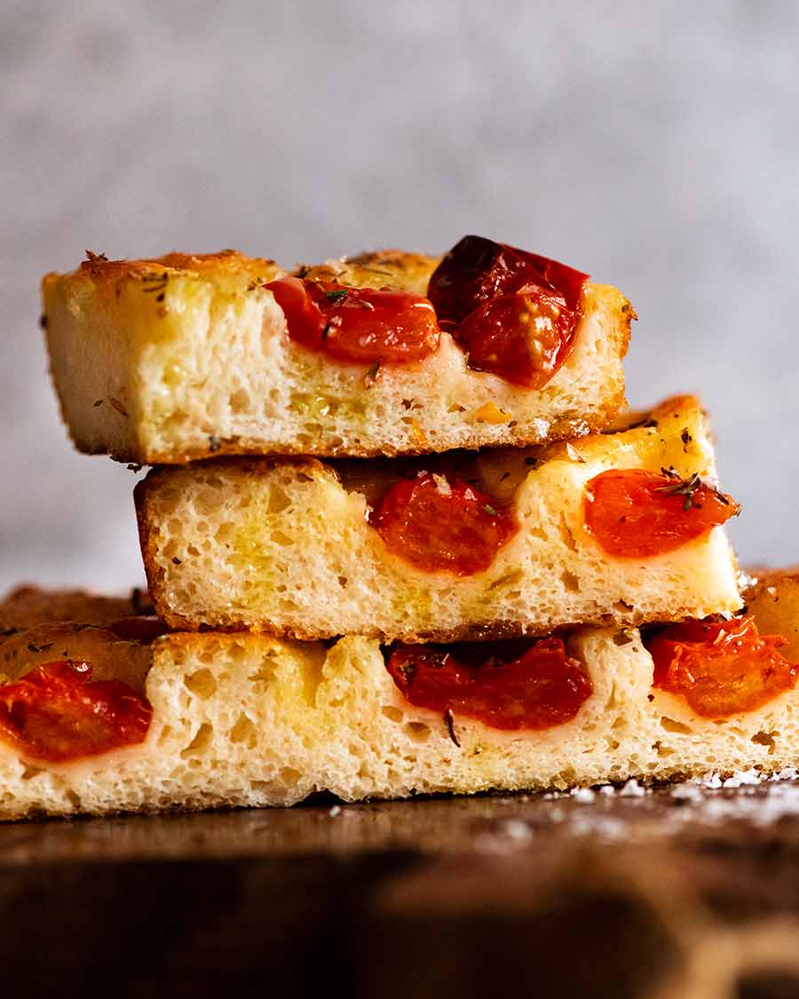 Stack of tomato focaccia slices, ready to be served