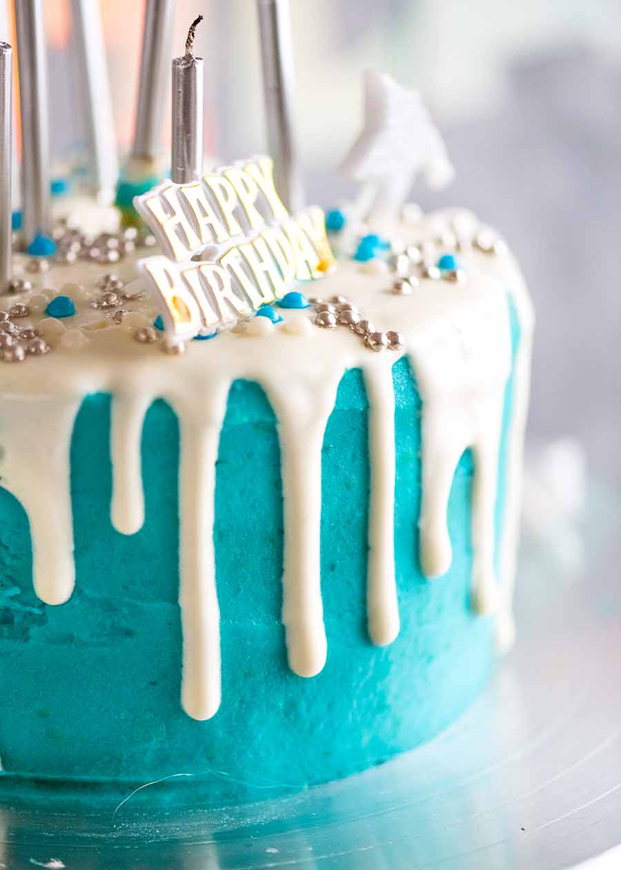 Close up photo of drips on Drip dog birthday cake