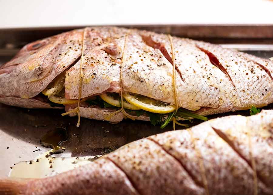 Whole Baked Fish stuffed and ready to bake