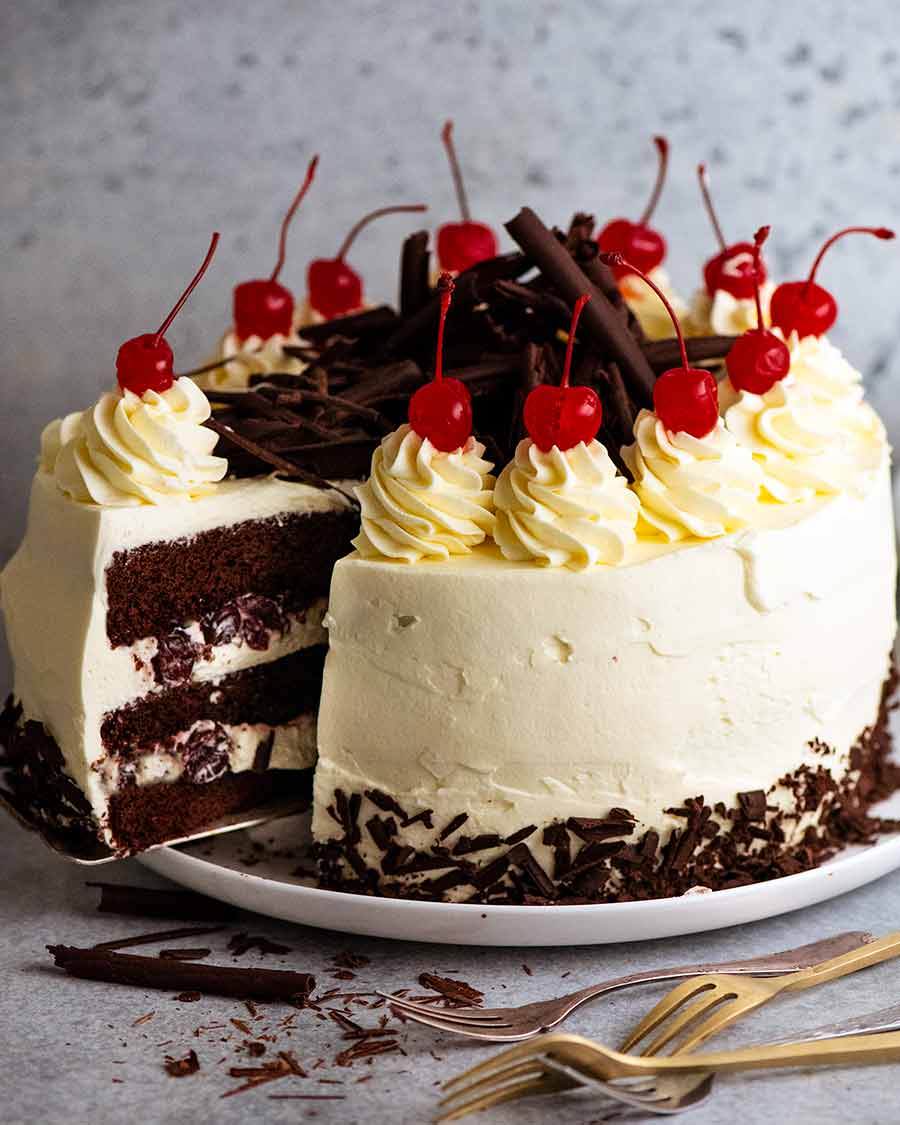 Close up of a slice of Black Forest Cake ready to be served