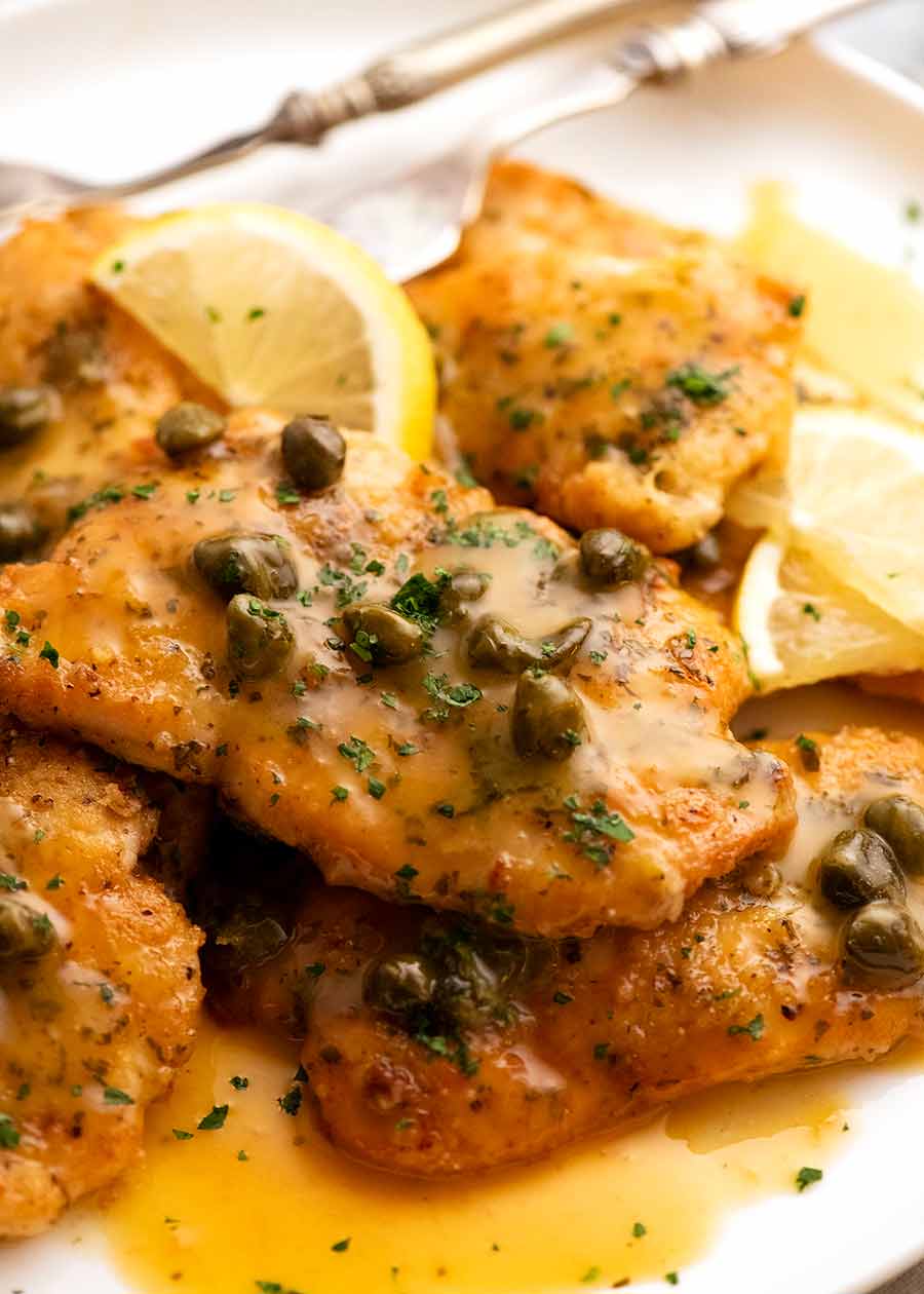 Close up of plate of Chicken Piccata
