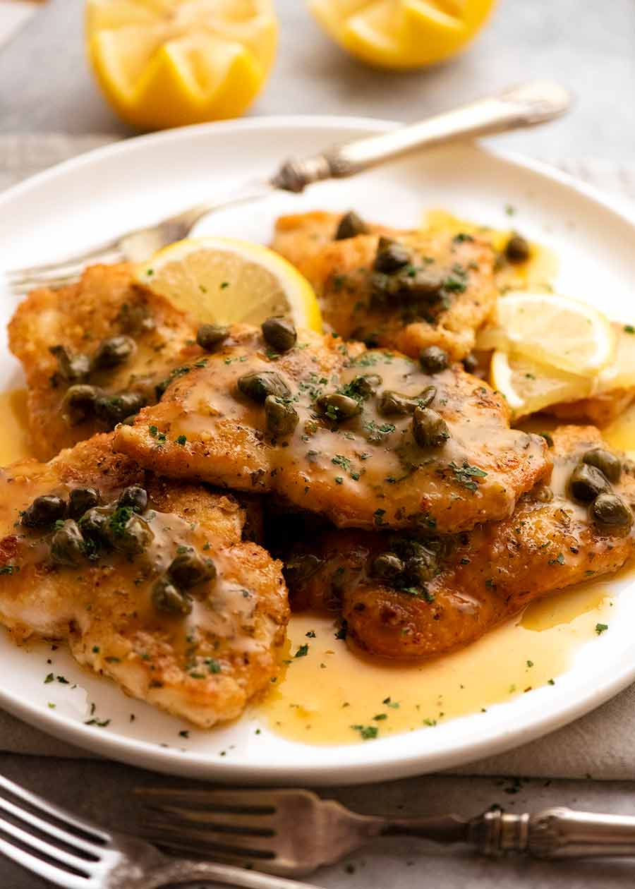 Plate of Chicken Piccata ready to be served