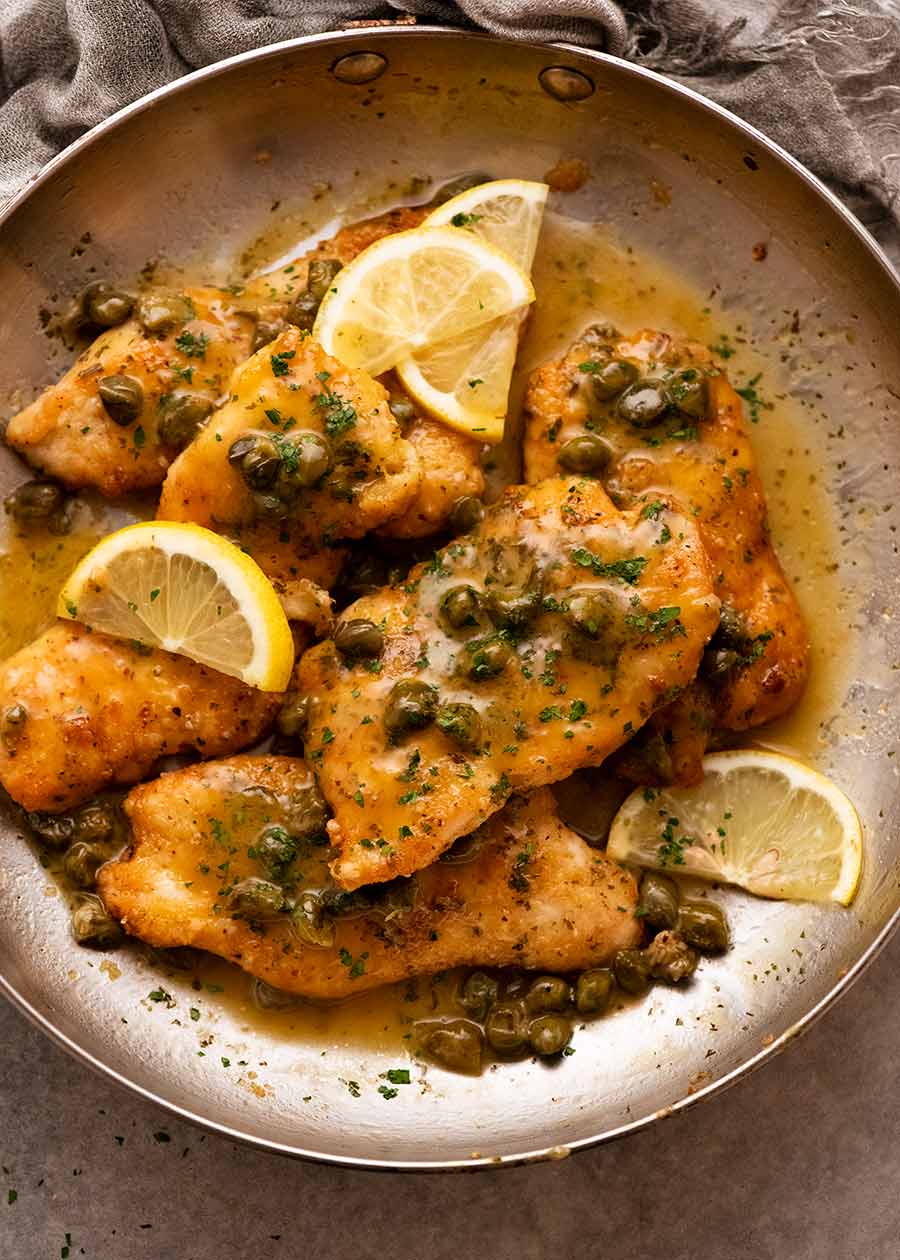 Freshly cooked Chicken Piccata in a skillet