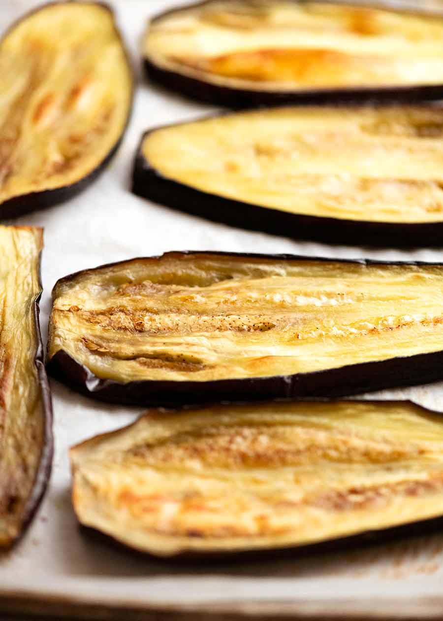 Close up of baked slices of eggplant for Eggplant Parmigiana