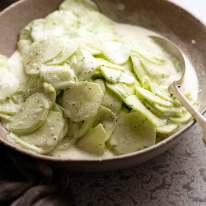 German Cucumber Salad in a bowl, ready to be served