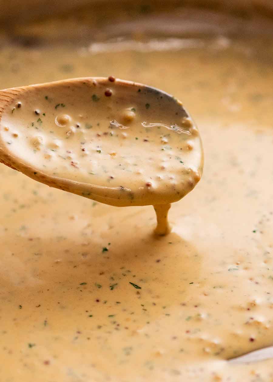 Close up of Creamy Mustard Sauce for pork tenderloin