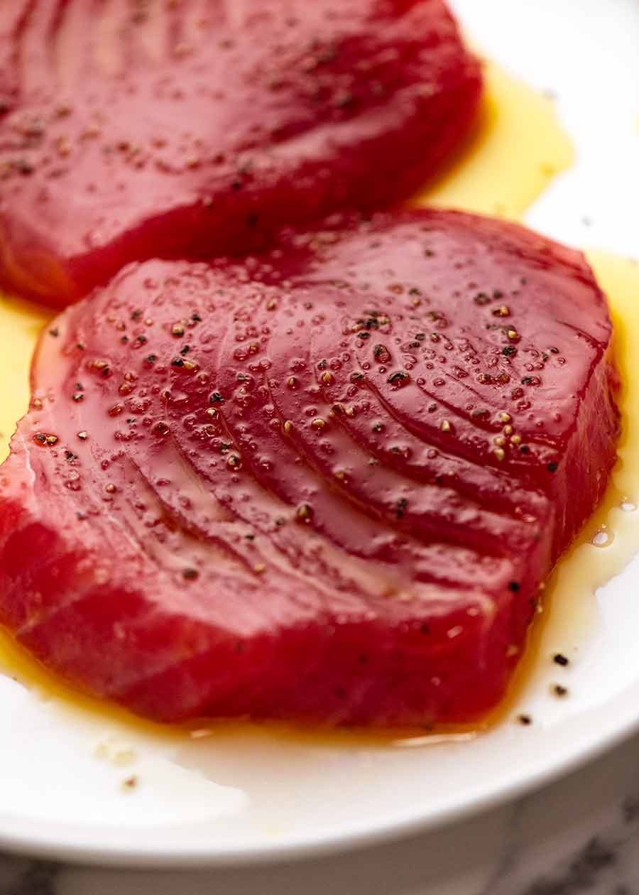 Tuna Steak seasoned, ready for cooking