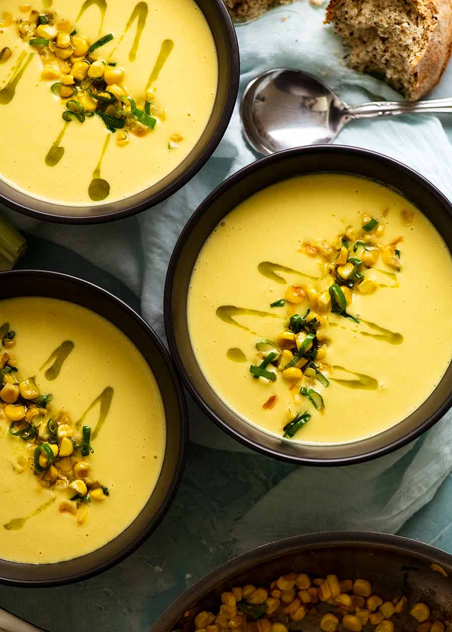 Overhead photo of bowls of Cold Corn Soup for summer