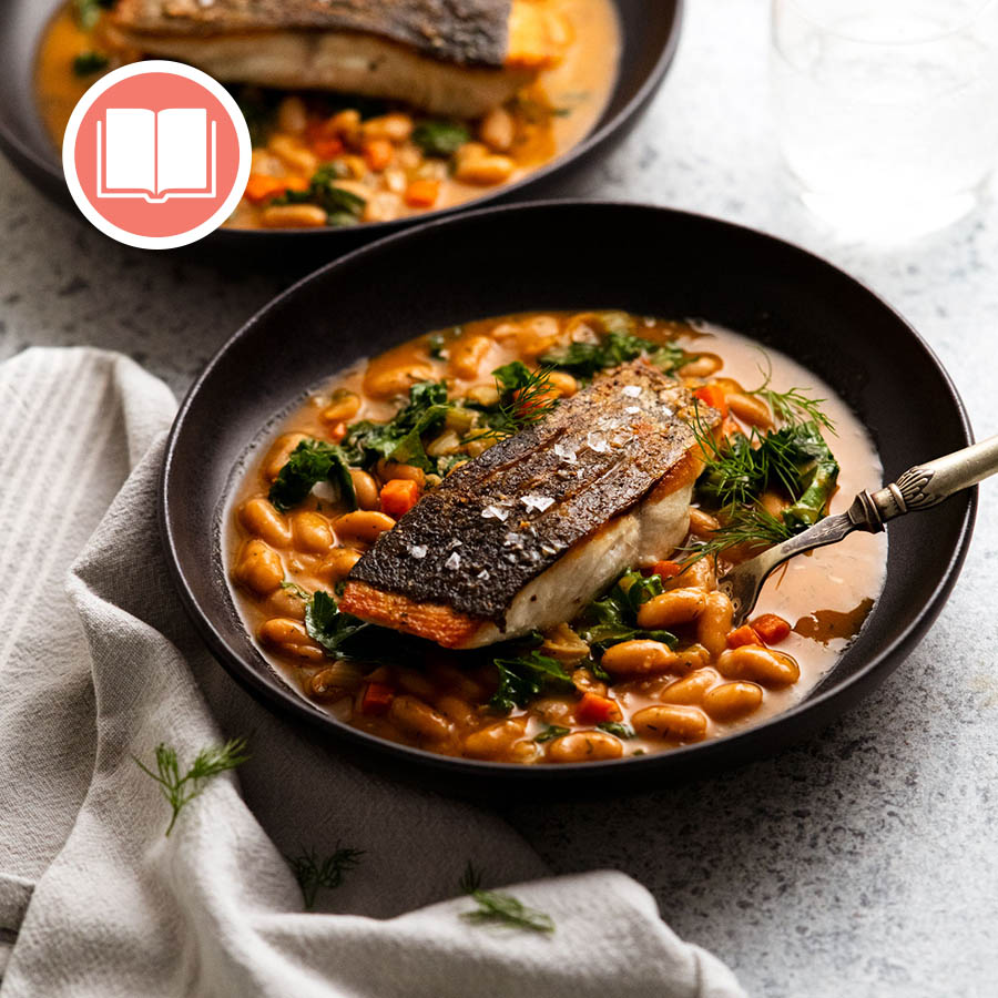 Crispy Skin Fish Bean Ragu from RecipeTin Eats "Dinner" cookbook by Nagi Maehashi