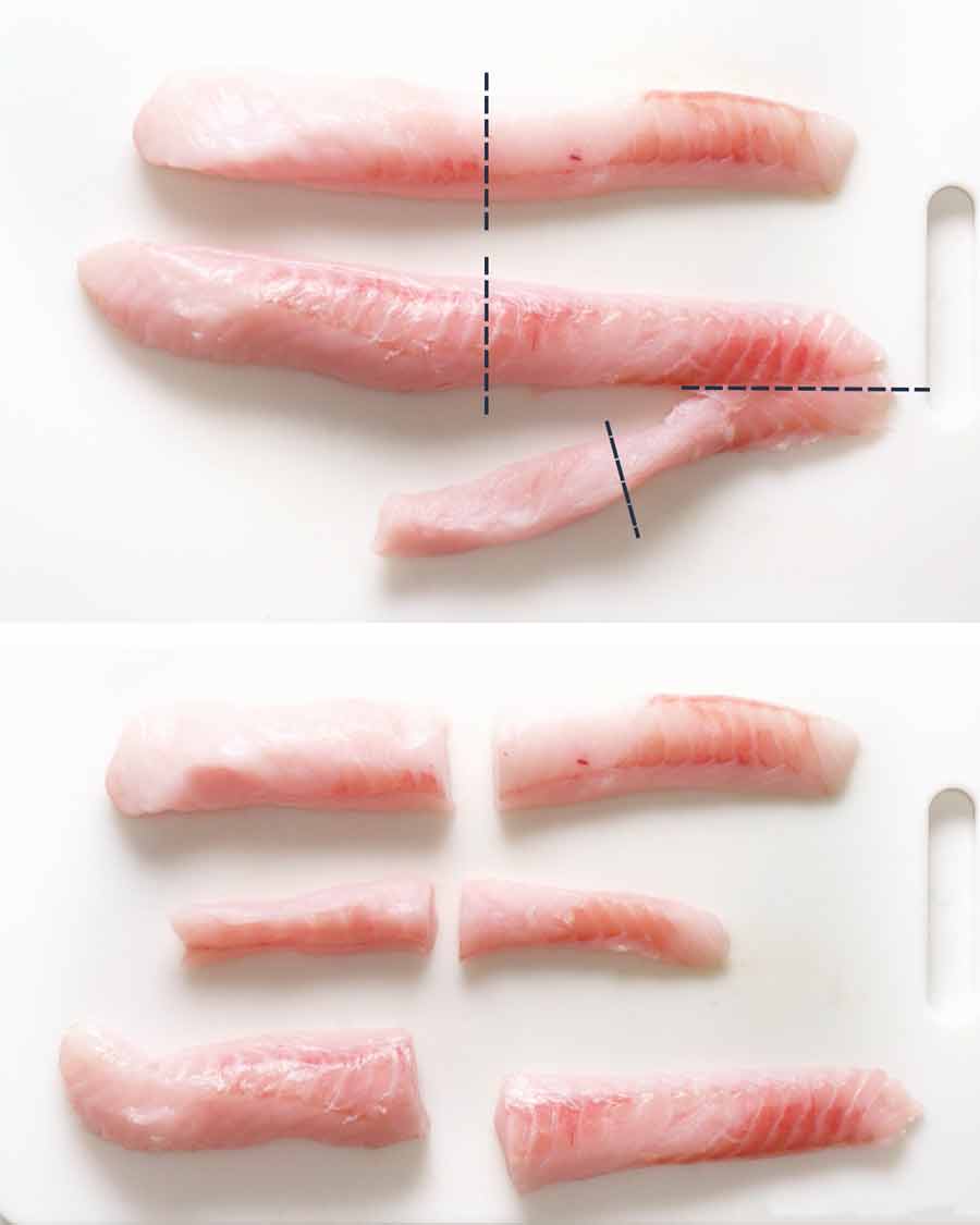 Cutting raw Monkfish fillets