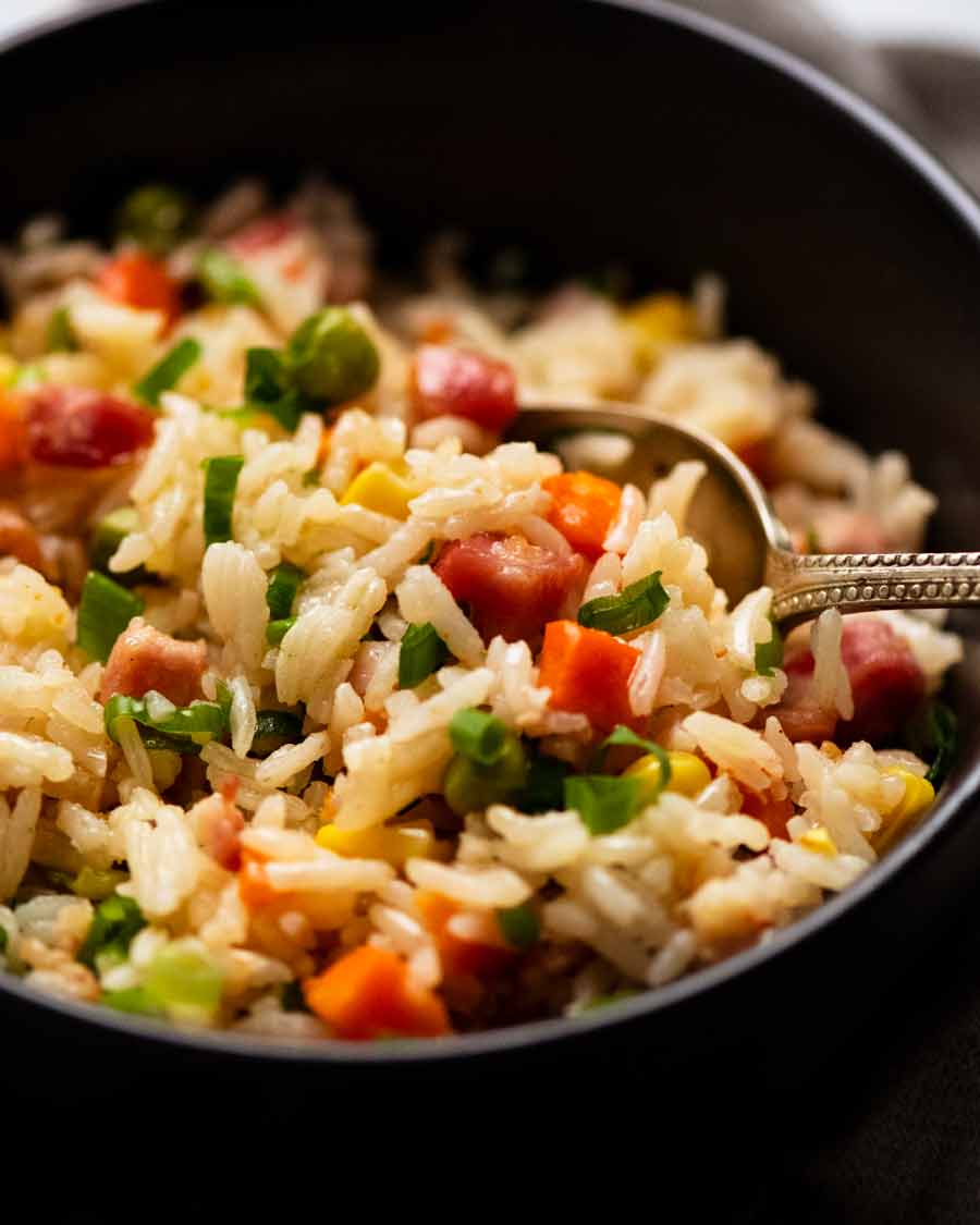 Close up photo of "Dump 'n Bake" Fried Rice in a bowl