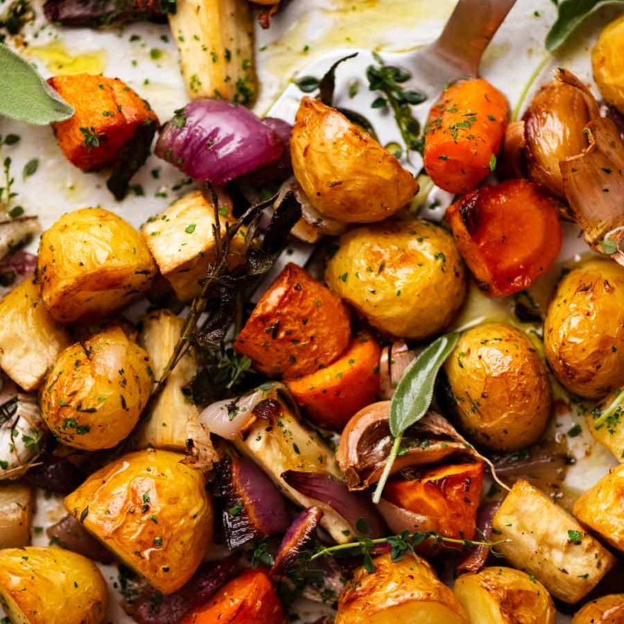 Close up of tray of Roasted Vegetables fresh out of the oven