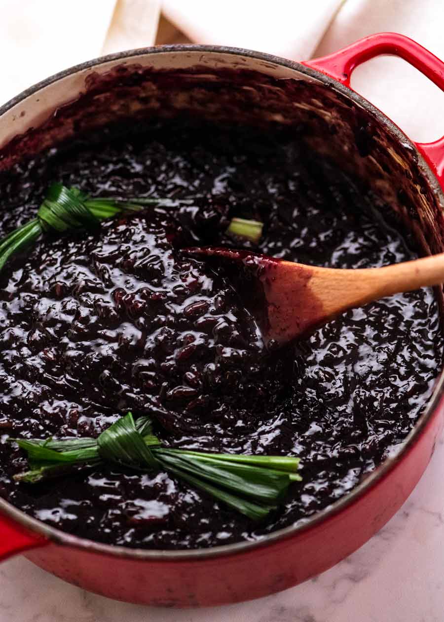 Freshly cooked Thai Black Sticky Rice Pudding in pot