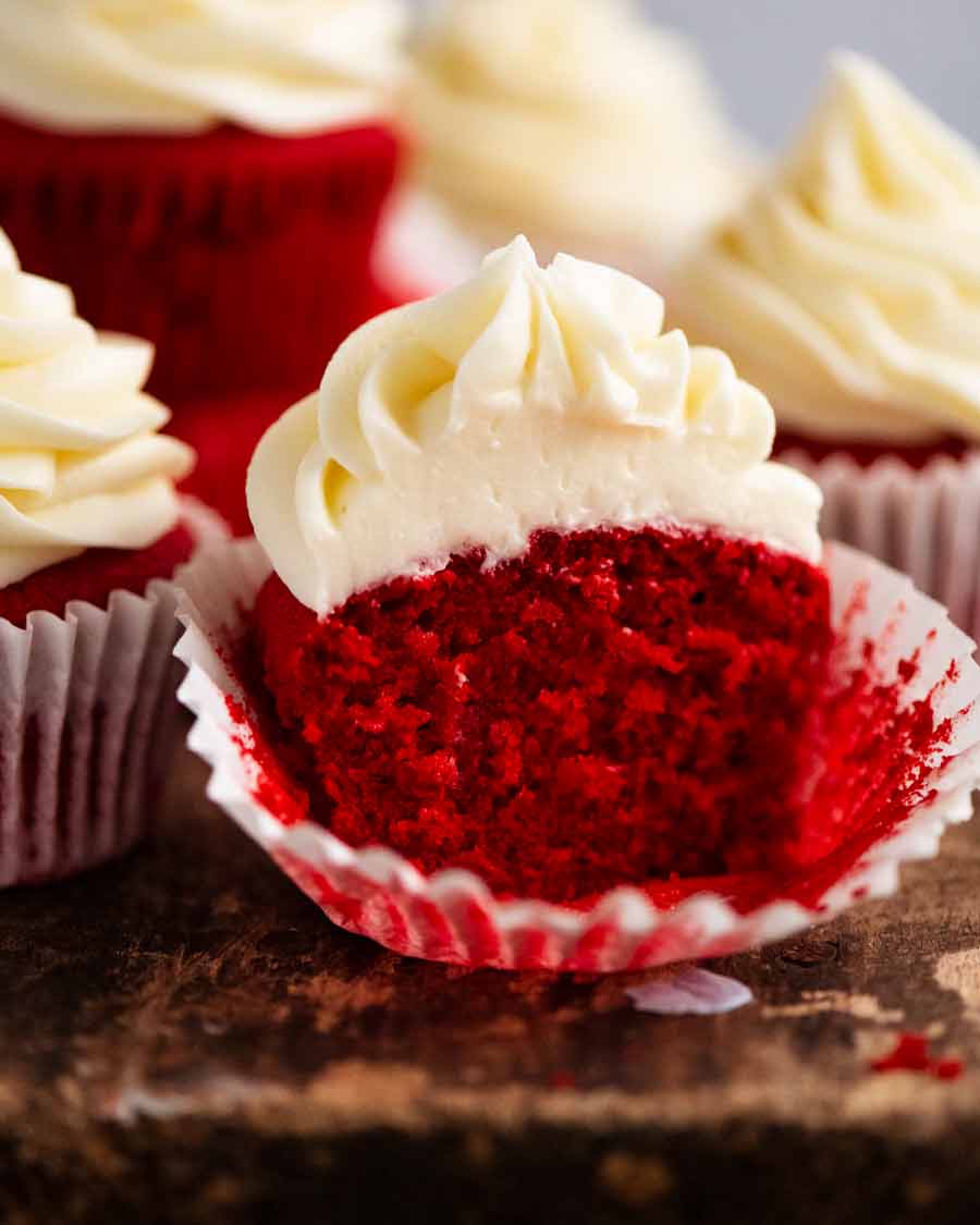 Showing the soft crumb inside Red Velvet Cupcakes