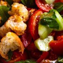 Close up photo of Panzanella - Italian tomato and bread salad