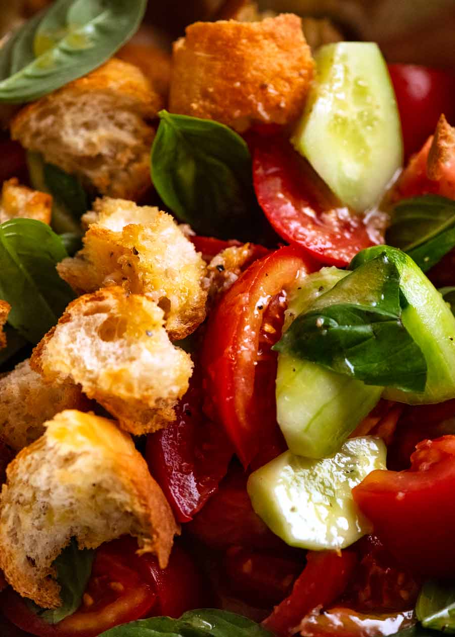 Close up photo of Panzanella Italian tomato and bread salad