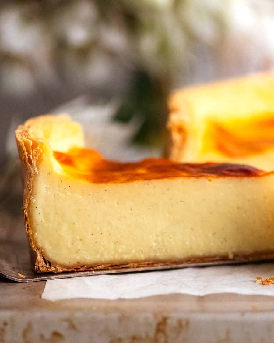 Close up showing the side of a slice of Flan Patissier