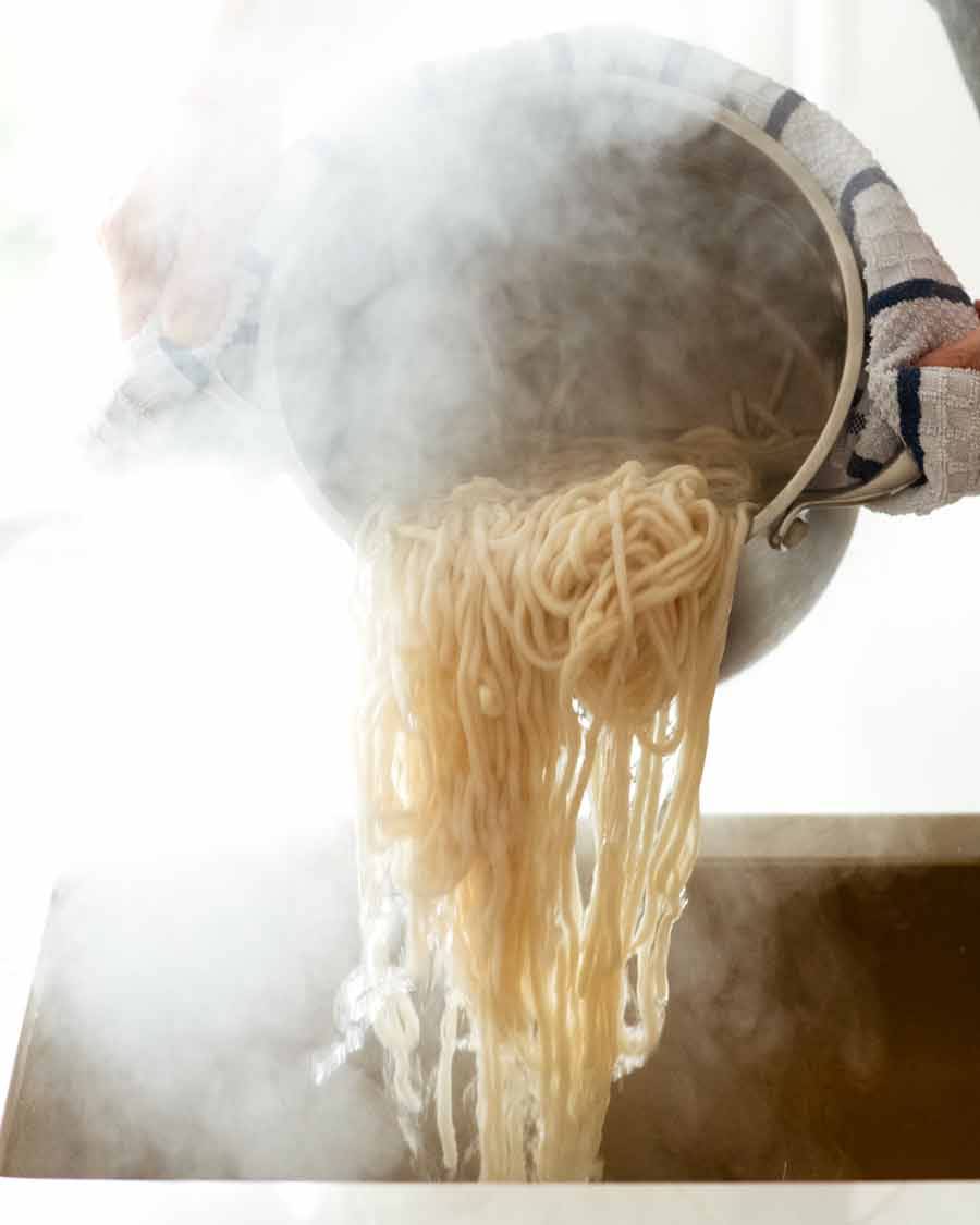Draining cooked noodles