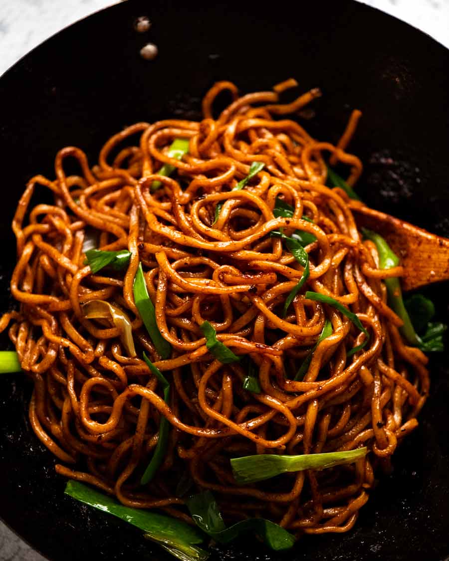 Supreme Soy Noodles in a wok, ready to be eaten