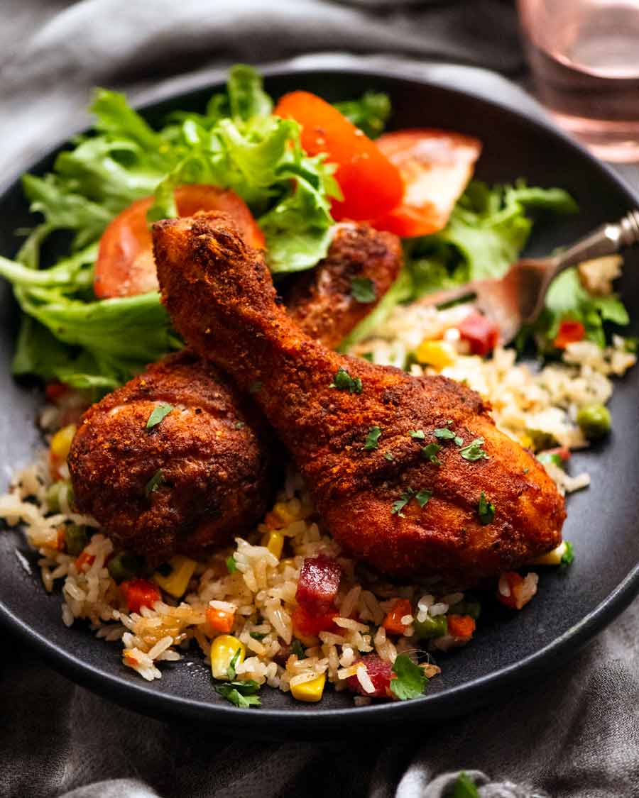 Crispy Baked Chicken Drumsticks with fried rice