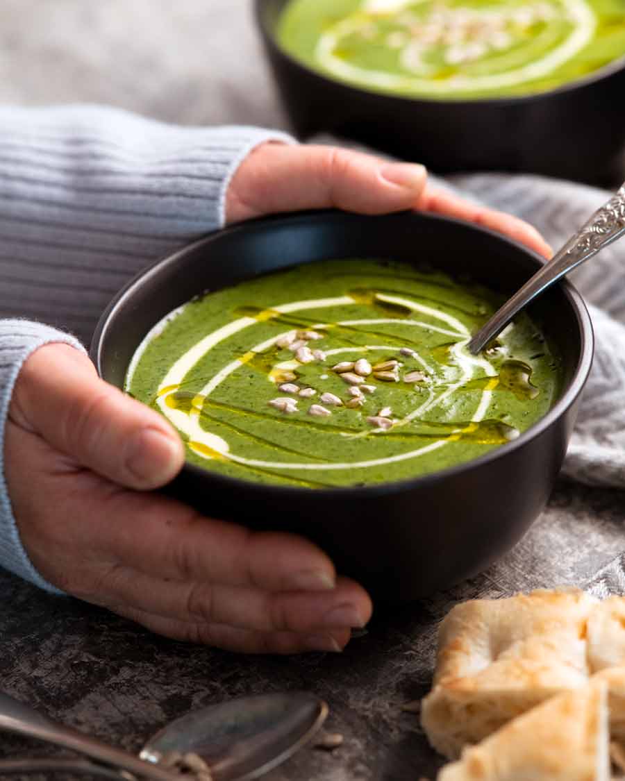 Immunity Boosting Green Goddess Soup in a bowl ready to eat